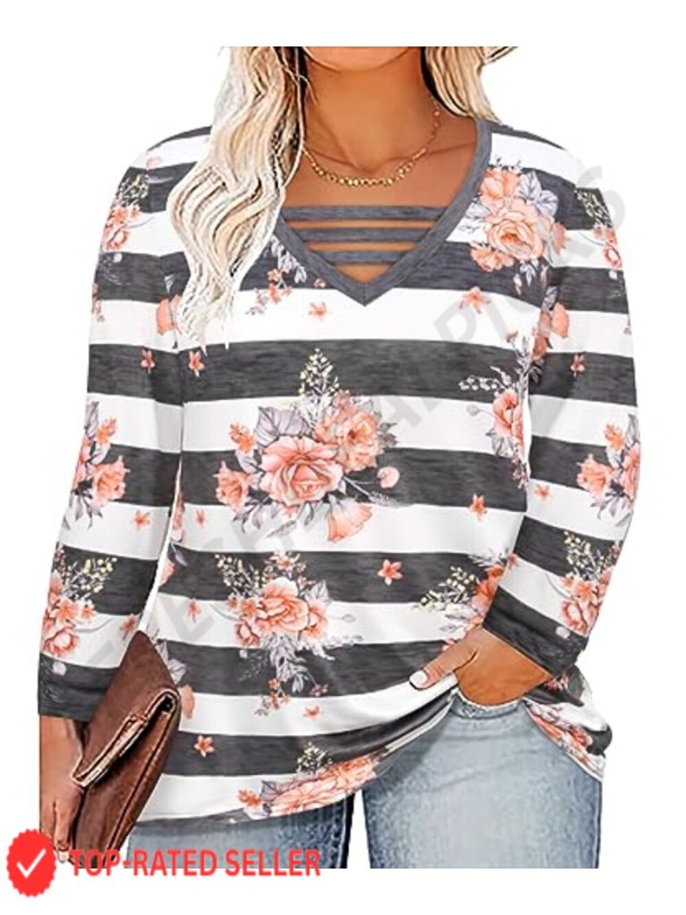 Plus Size Henley Tunic Top Long Sleeve Criss Cross V-Neck